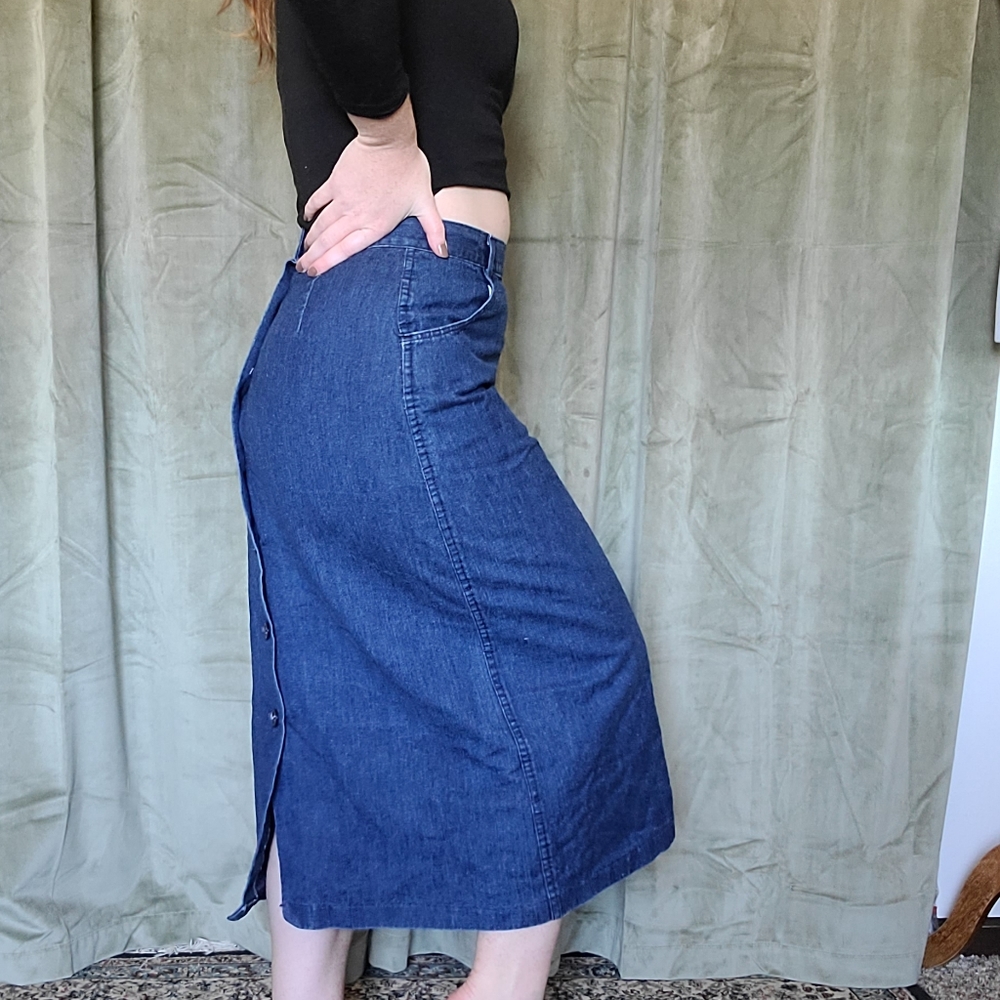 Vintage Western Coastal Cowgirl Alt Indie Preppy Long Denim Button Down Skirt
